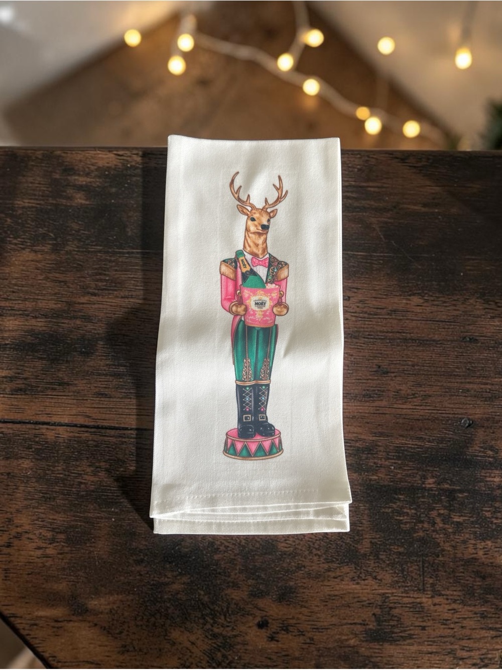 Hallmark White Tea Towel with Festive Deer Nutcracker in Green and Pink